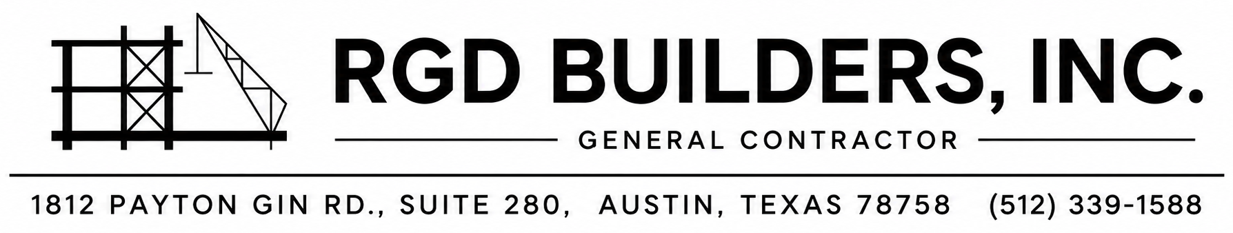 RGD Builders, Inc. original crane logo, general contractor and company contact details