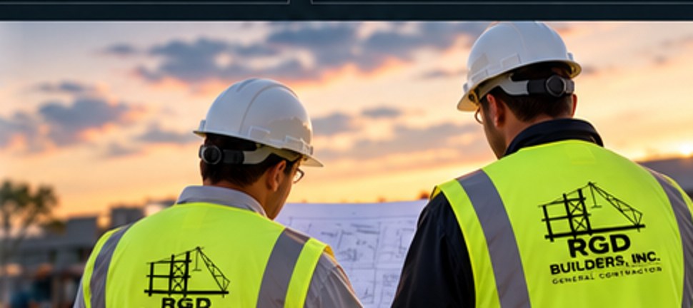 Illustrative construction professionals reviewing plans